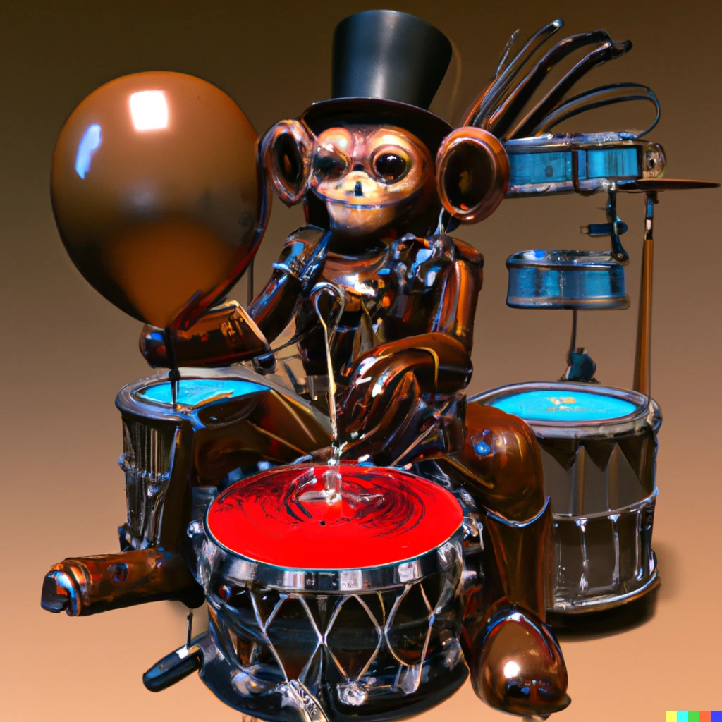 Prompt: koons balloon monkey playing drums kabuki steampunk