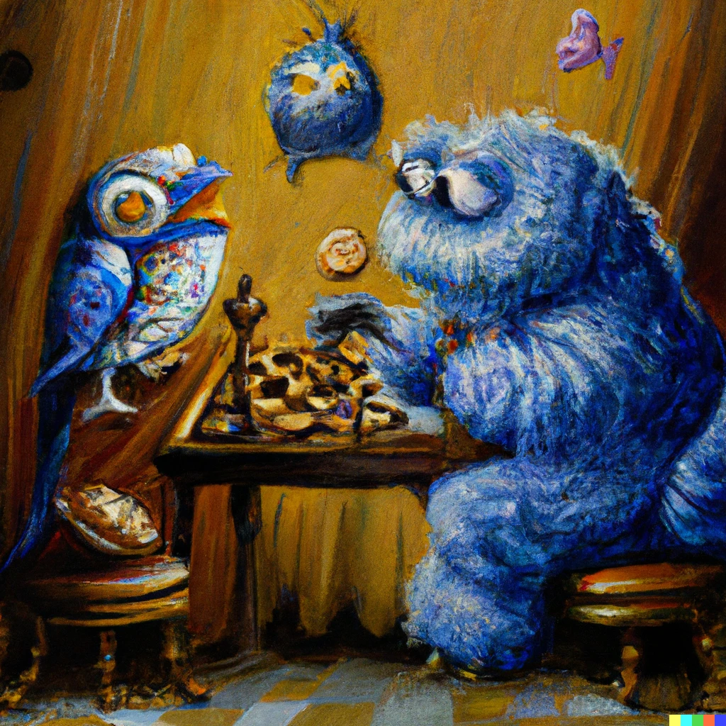 Prompt: Cookie Monster playing chess against a wise old owl Renoir oil on canvas