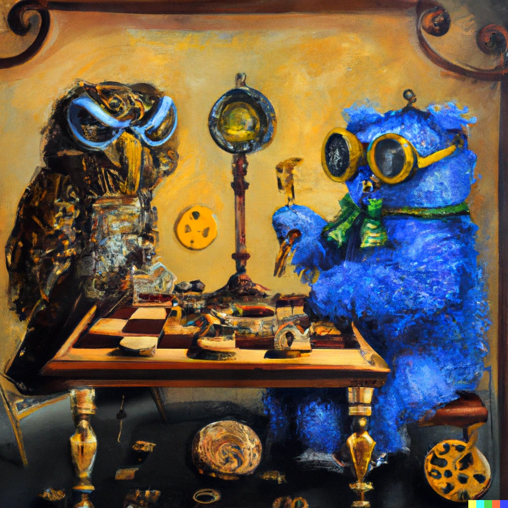Prompt: Cookie Monster playing chess against a wise old owl Steampunk Renoir oil on canvas