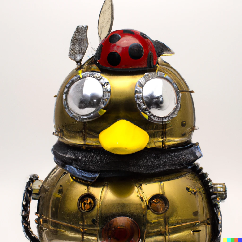 Prompt: Koons duck with ladybug on its head, steampunk Mondrian
