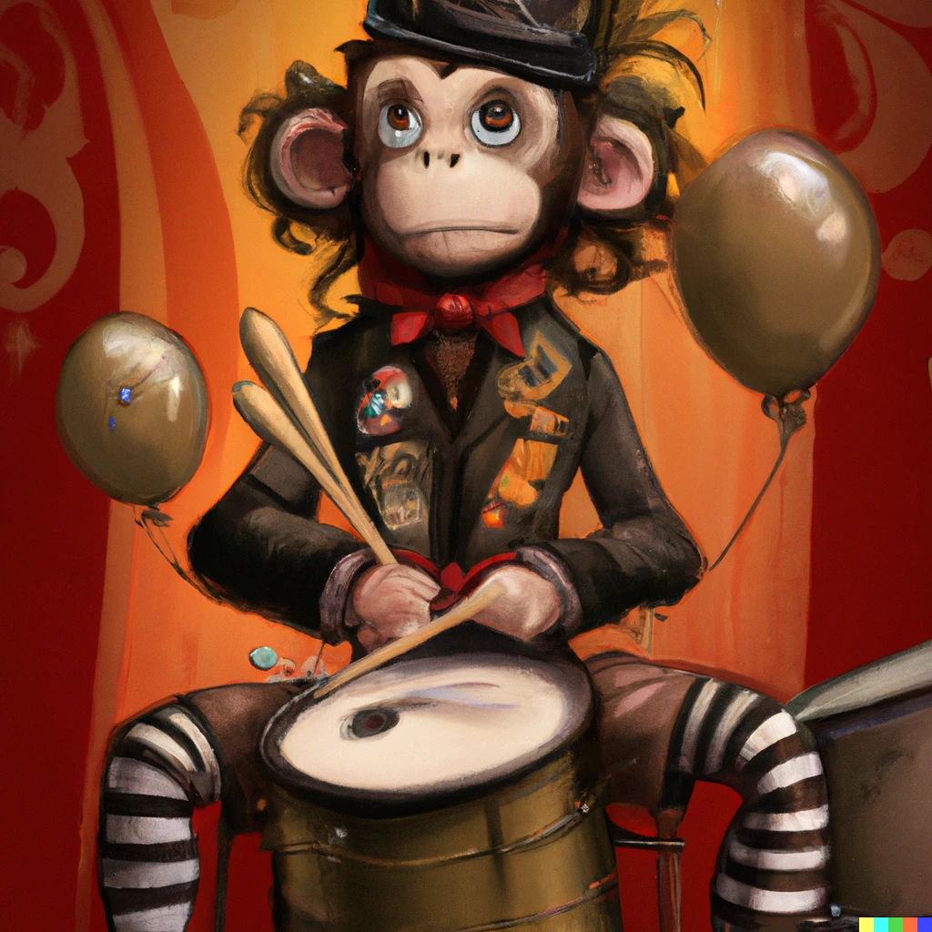 Prompt: renoir balloon monkey playing drums kabuki steampunk