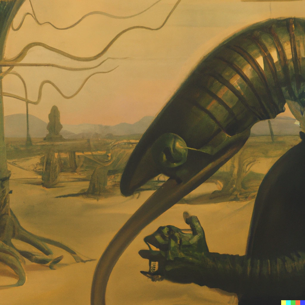 Prompt: Xenomorph by Grant Wood