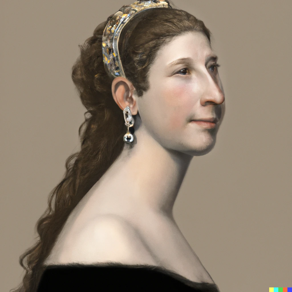 Prompt: Mayim Bialek wearing a tiara and a pearl earring by Vermeer