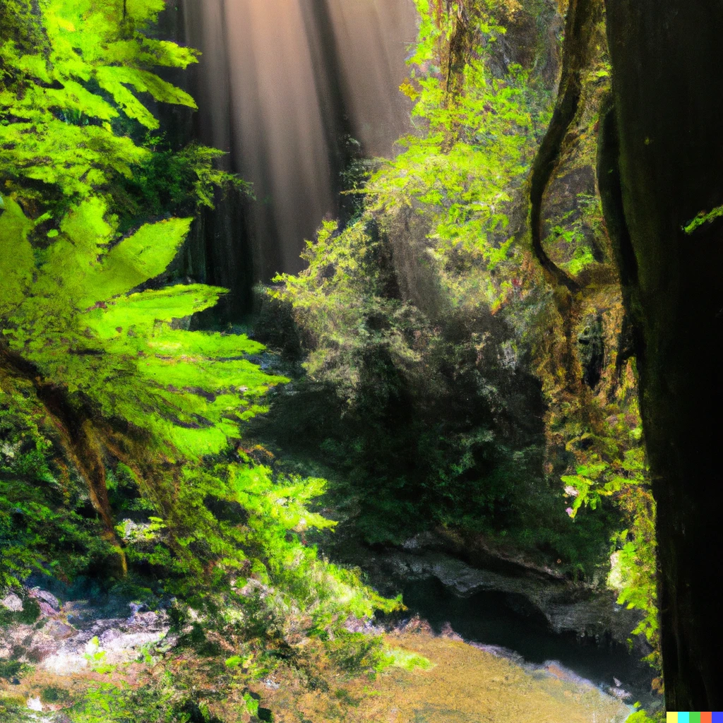 Prompt: tropical forest canopy photo realistic with sunlight streaming through the leaves and a visible river with rushing water
