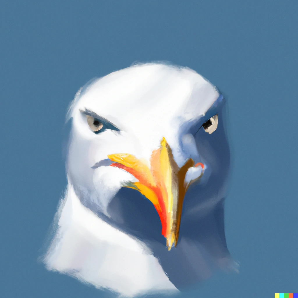 Prompt: a stylized sea gull looking grumpy. Digital art