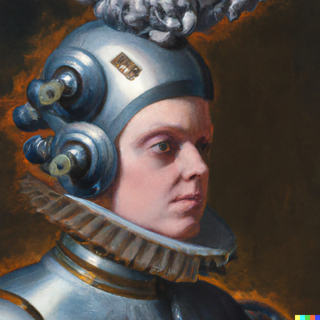 Prompt: baroque oil painting of a cyborg wearing a powdered wig