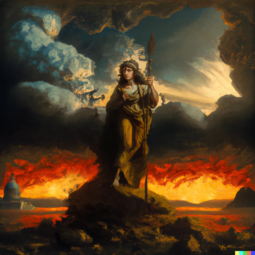 Prompt: Painting of a cinematic still of a beautiful female gladiator with blue eyes holding a golden ornate spear in her hand by Rembrandt van Rijn and Hubert Robert, 200mm, Ancient Roman Ruins in the background, dramatic clouds, city in the distant on fire, pile of gladiator armor in the foreground