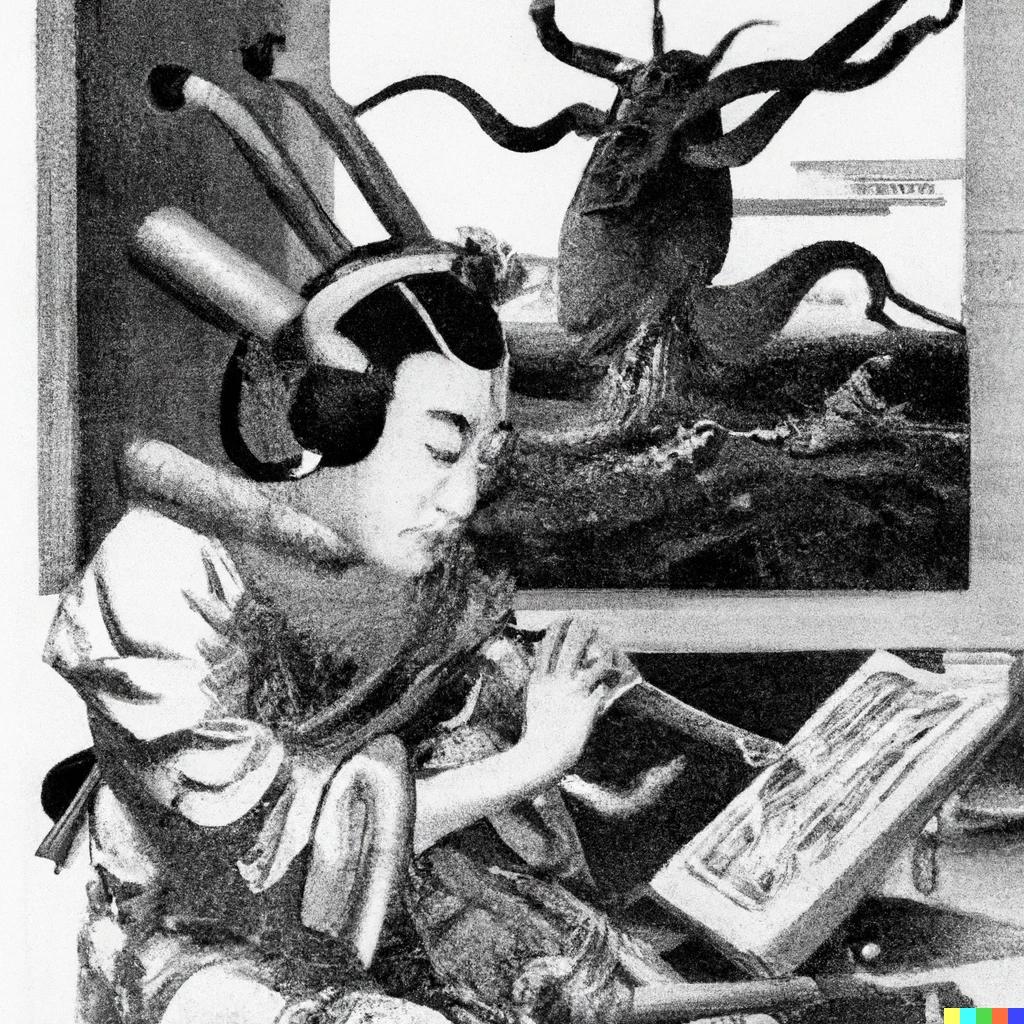 Prompt: old japanese engraving of a samurai reading music with an alien by Dali
