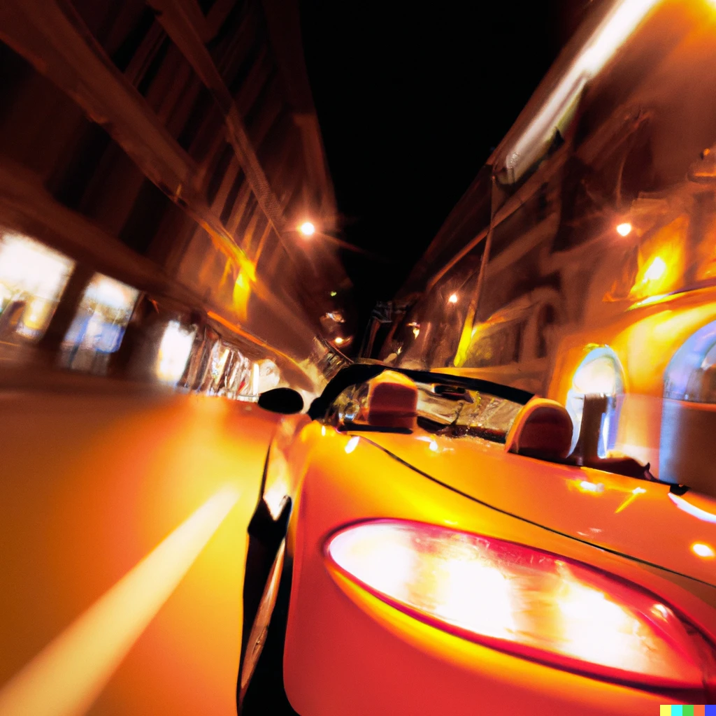 Prompt: an photo of an orange convertible car speeding through a city at night