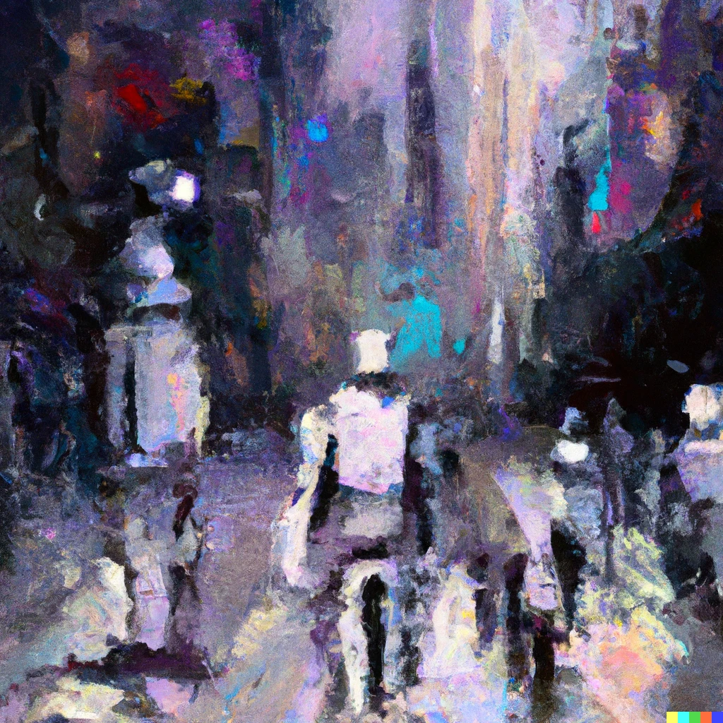 Prompt: an impressionist painting of a futuristic city with robots and humans walking