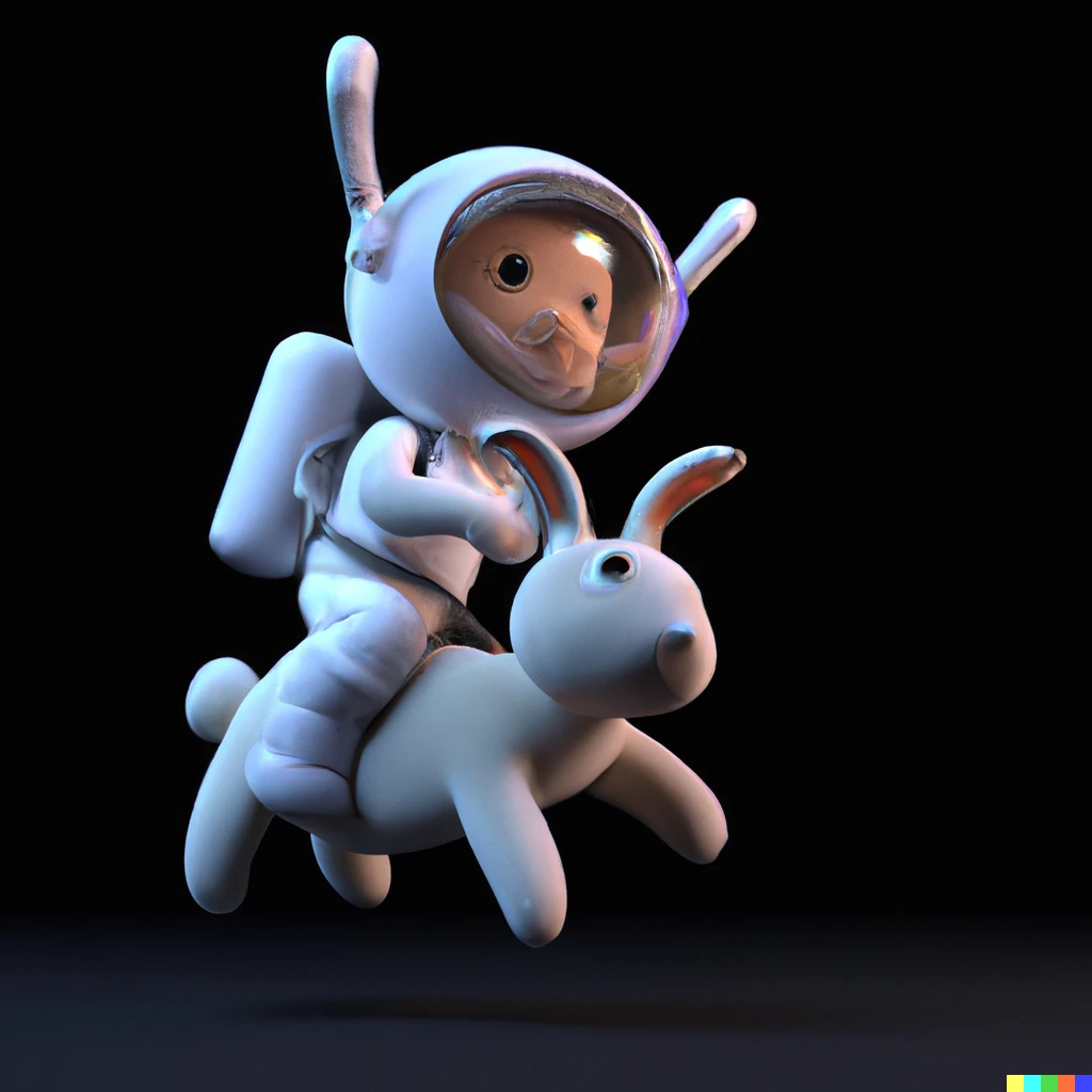 Prompt: 3D render  where an astronaut rides a rabbit