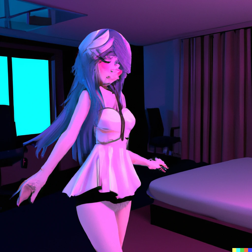 Prompt: a cyberpank anime beautiful girl be dance in hotel room.