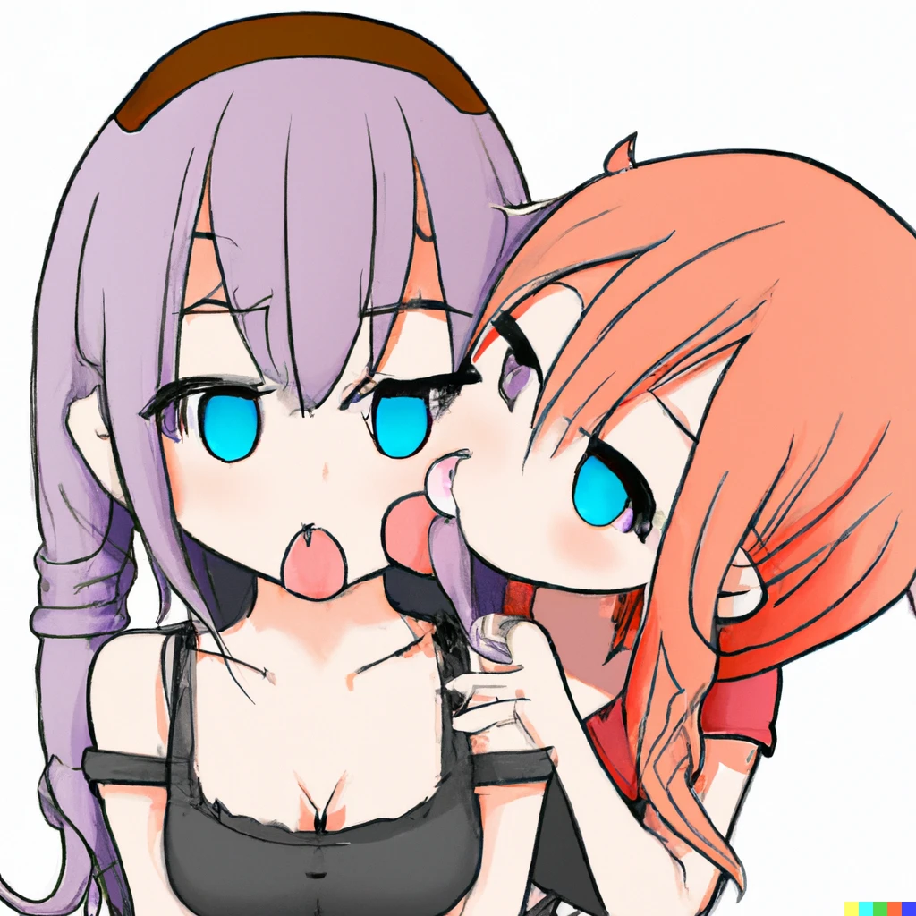 Prompt: A cute anime girl is licking another one around.