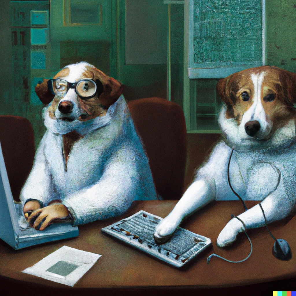 Prompt: scientist dogs planning how to take over the internet as digital art