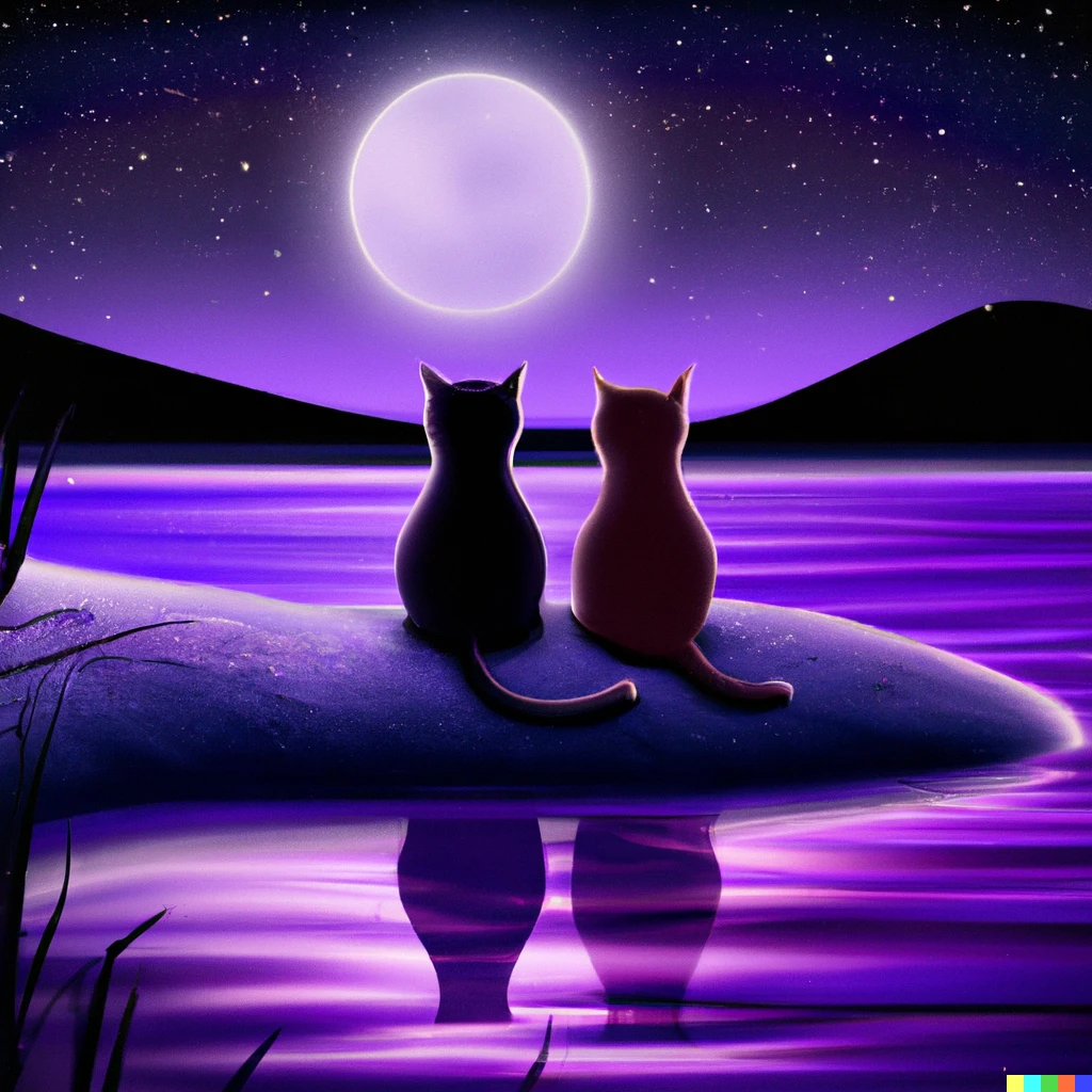 Prompt: A painting of two cats in love staring at moonlight over a calm purple lake as digital art