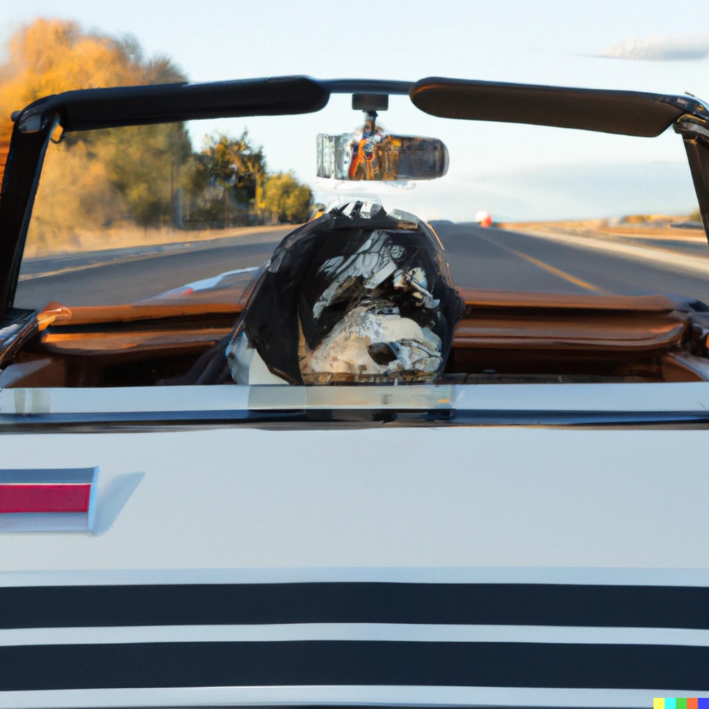 Prompt: A bernedoodle puppy driving a 1967 camaro convertible
