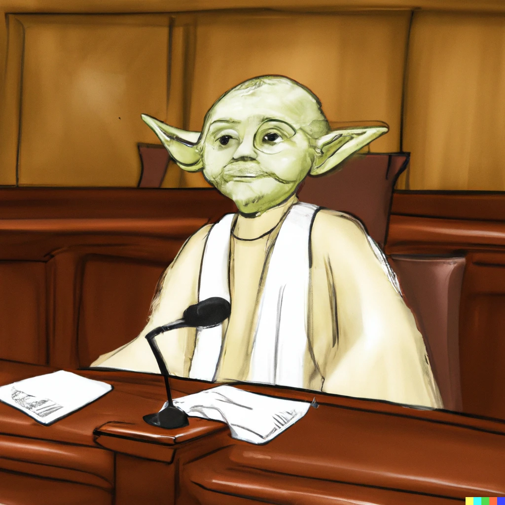 Prompt: a courtroom drawing of yoda on trial
