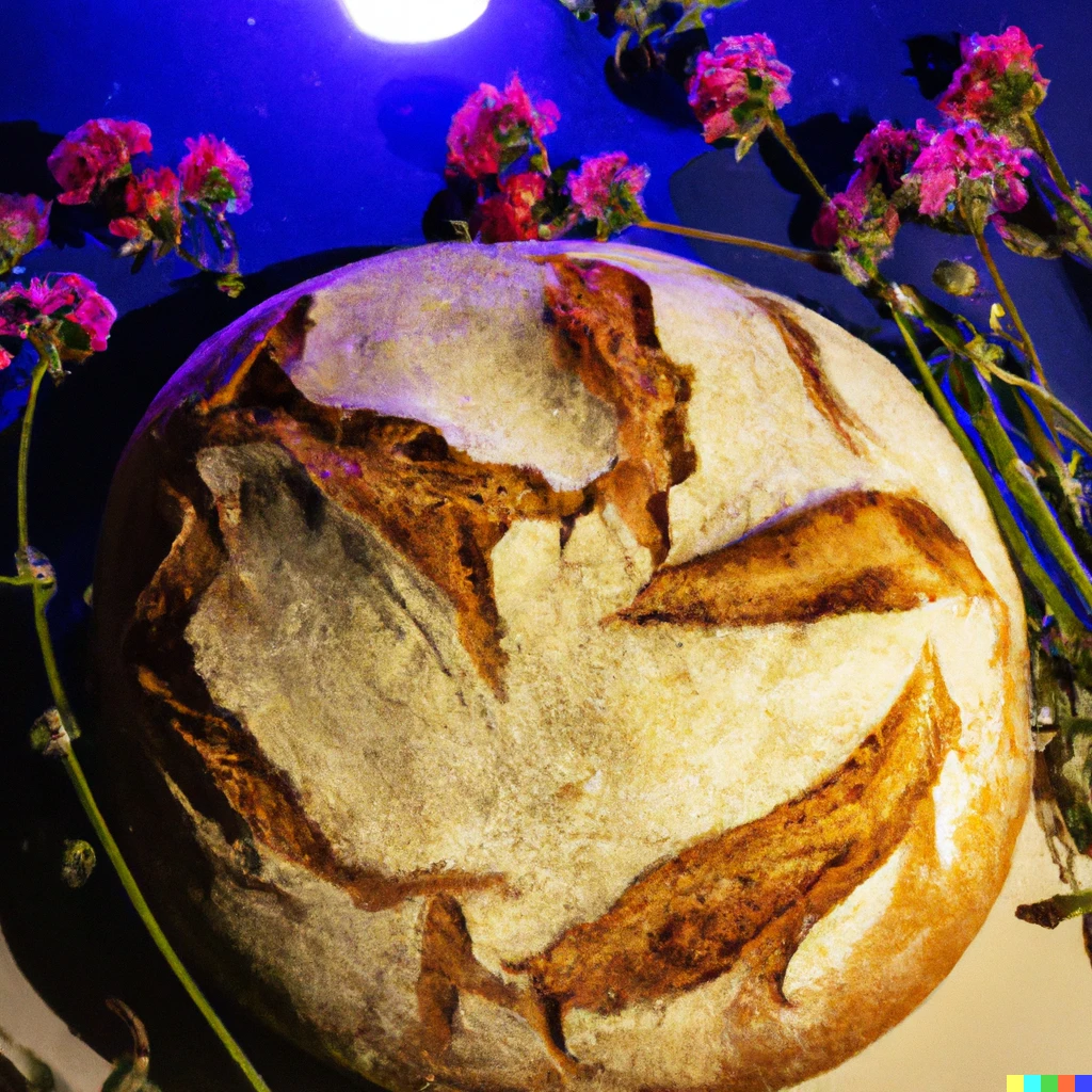 Prompt: a photograph of a sourdough loaf in front of the moon surrounded by flowers