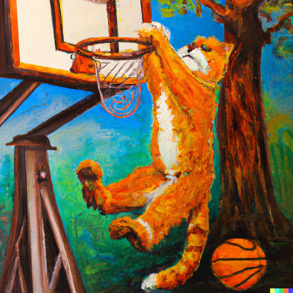 Prompt: oil painting of Garfield dunking a basketball