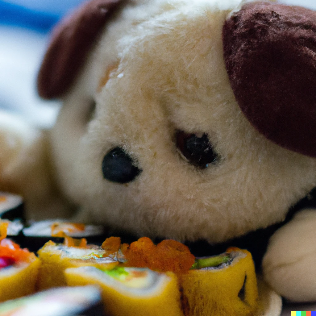Prompt: a 35mm macro photograph of a plush puppy preparing sushi