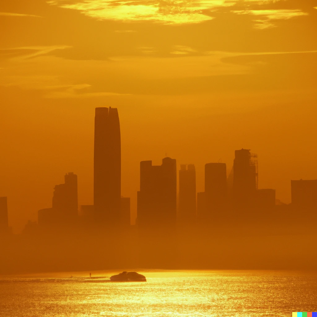 Prompt: Beautiful shoreline view of a gleaming solid golden city at sunset, red sky