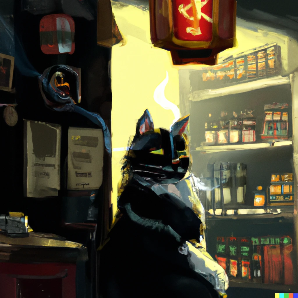 Prompt: Samurai black cat sitting inside japanese cigarette shop, digital art