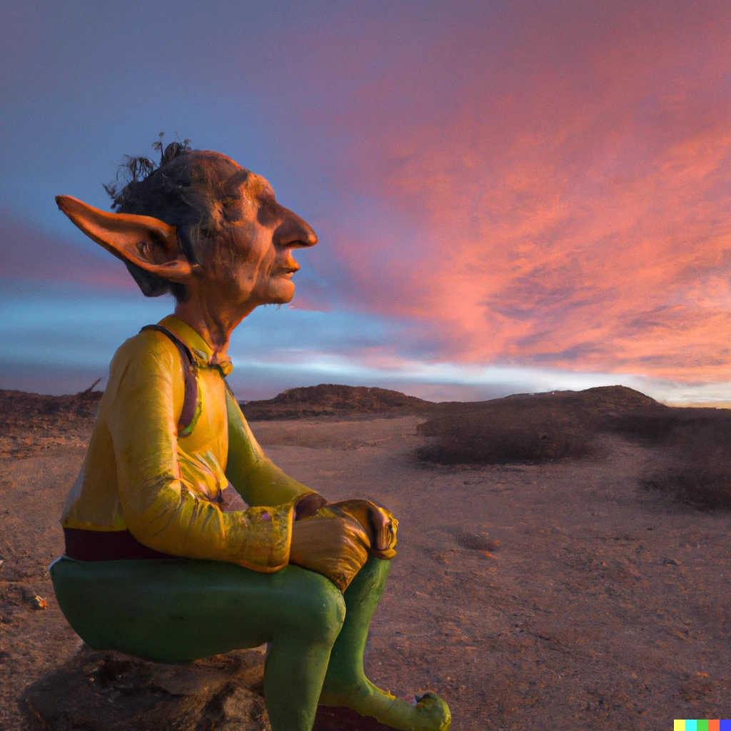 Prompt: Sergio bustamante colorful statue of bilbo baggins in a desert at sunrise