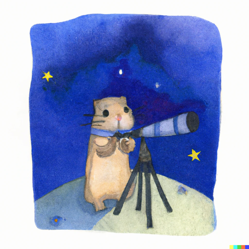 Prompt:  cute blue gopher with a telescope, starry night skyline, japanese watercolor