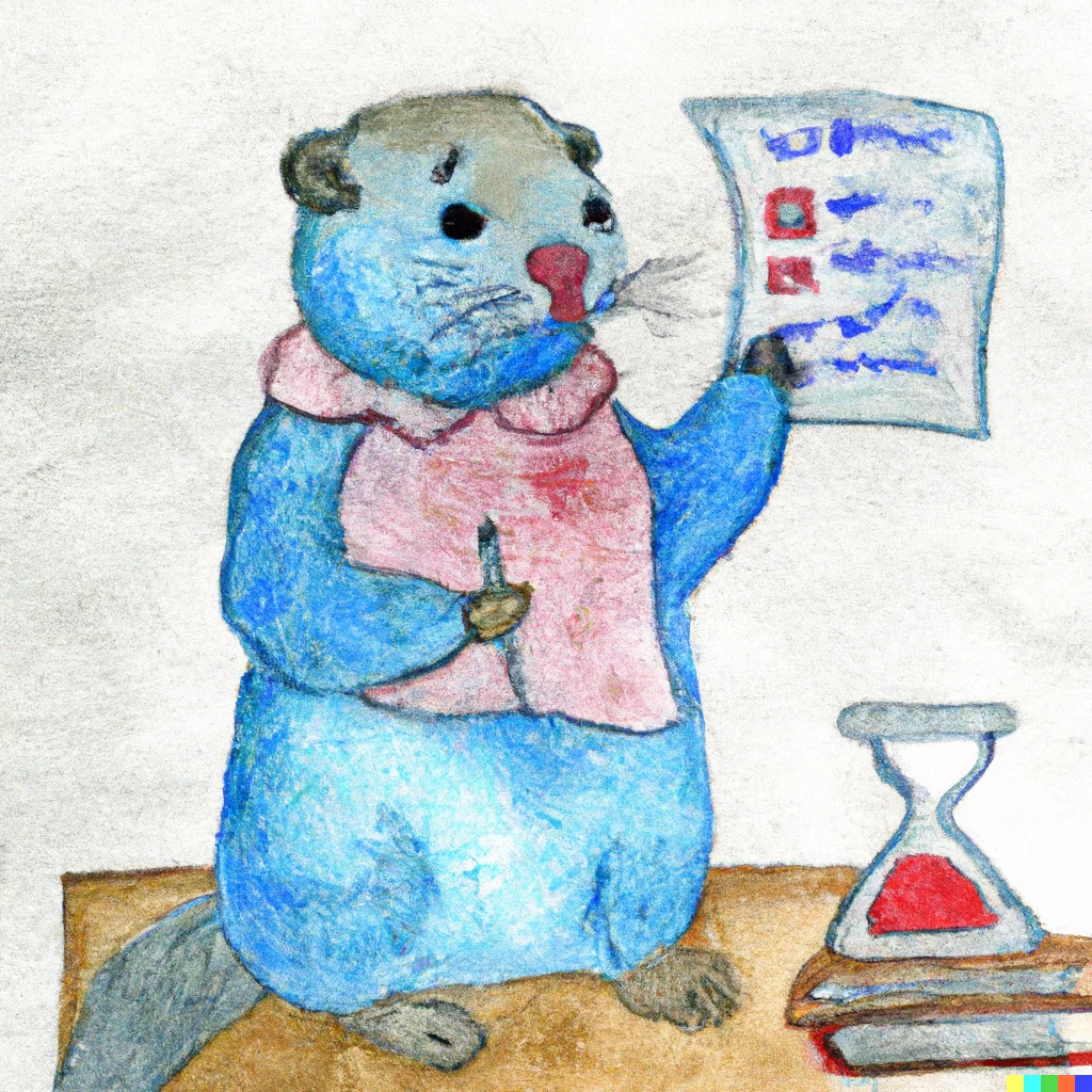 Prompt:  cute blue gopher with red failed test in hands in a school classroom, japanese watercolor