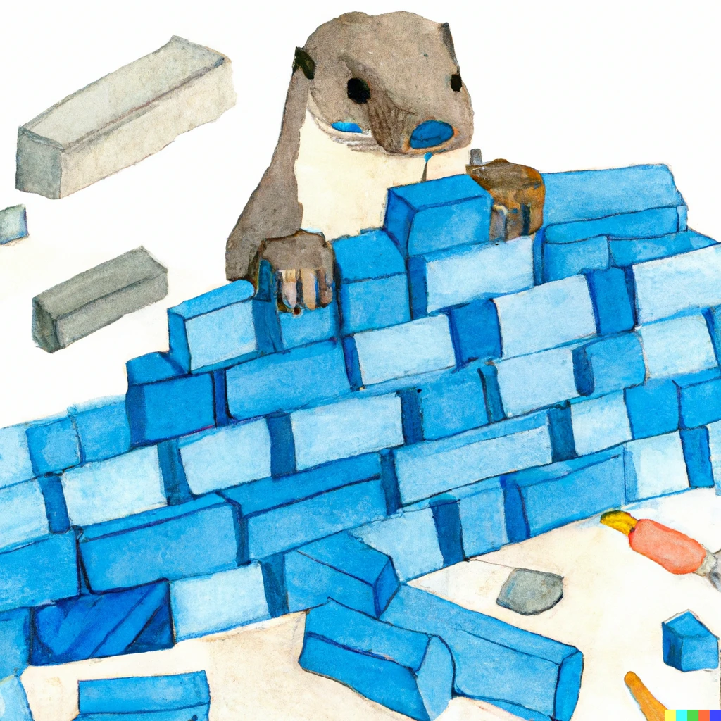 Prompt:  cute blue gopher building a huge lego structure in a kids room, japanese watercolor