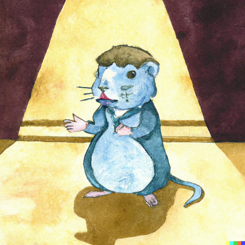 Prompt:  cute blue gopher acting on a theatre stage, japanese watercolor