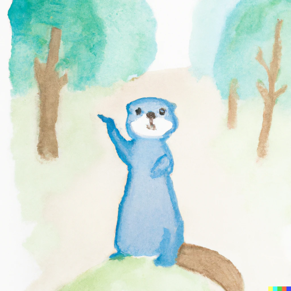 Prompt:  cute blue gopher pointing towards a direction forest background, japanese watercolor