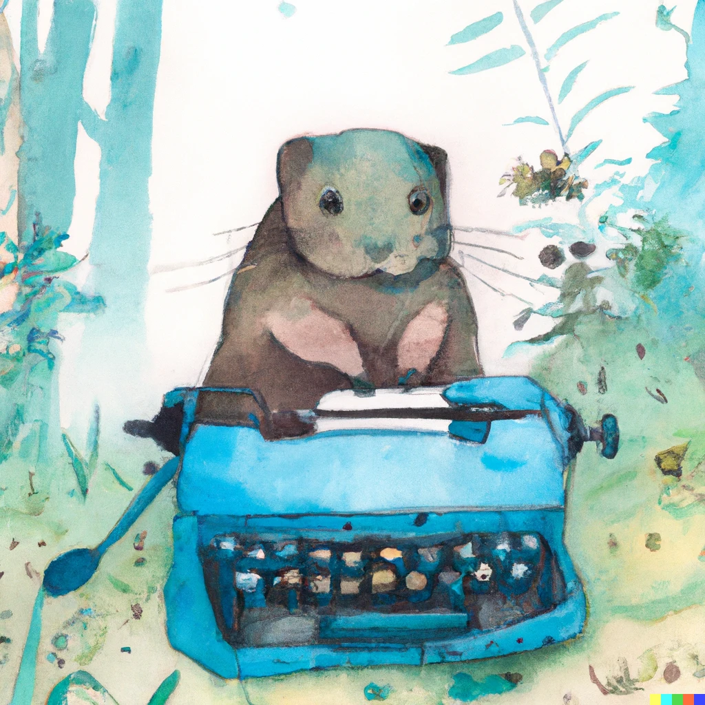 Prompt: a blue gopher typing on a typewriter in a forest japanese watercolor
