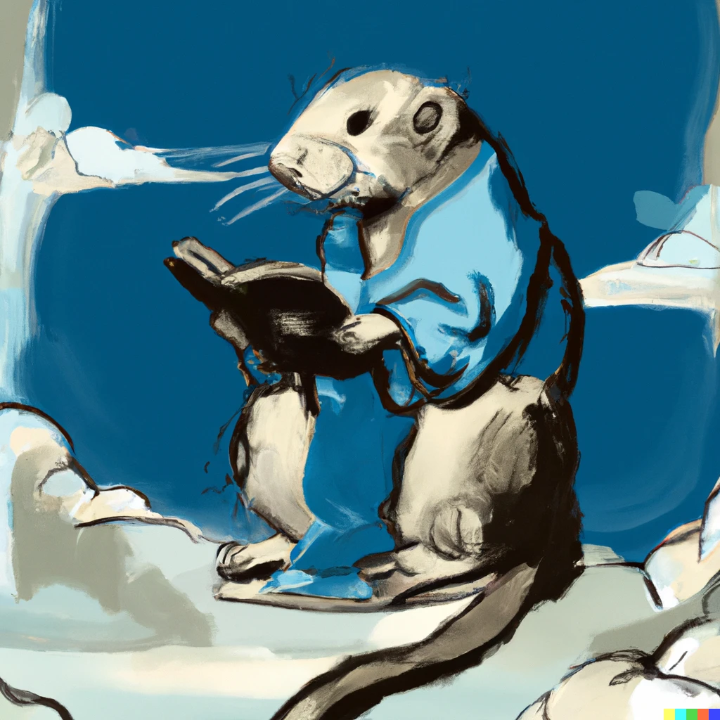 Prompt: a digital illustration of a blue gopher reading a book in clouds, Ukiyo-e