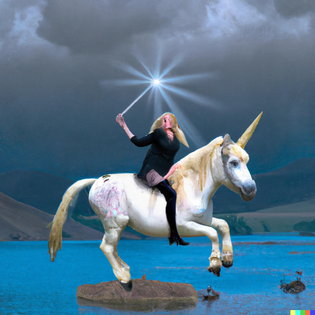 Prompt: Liz Truss riding a unicorn flying over a lake of poo