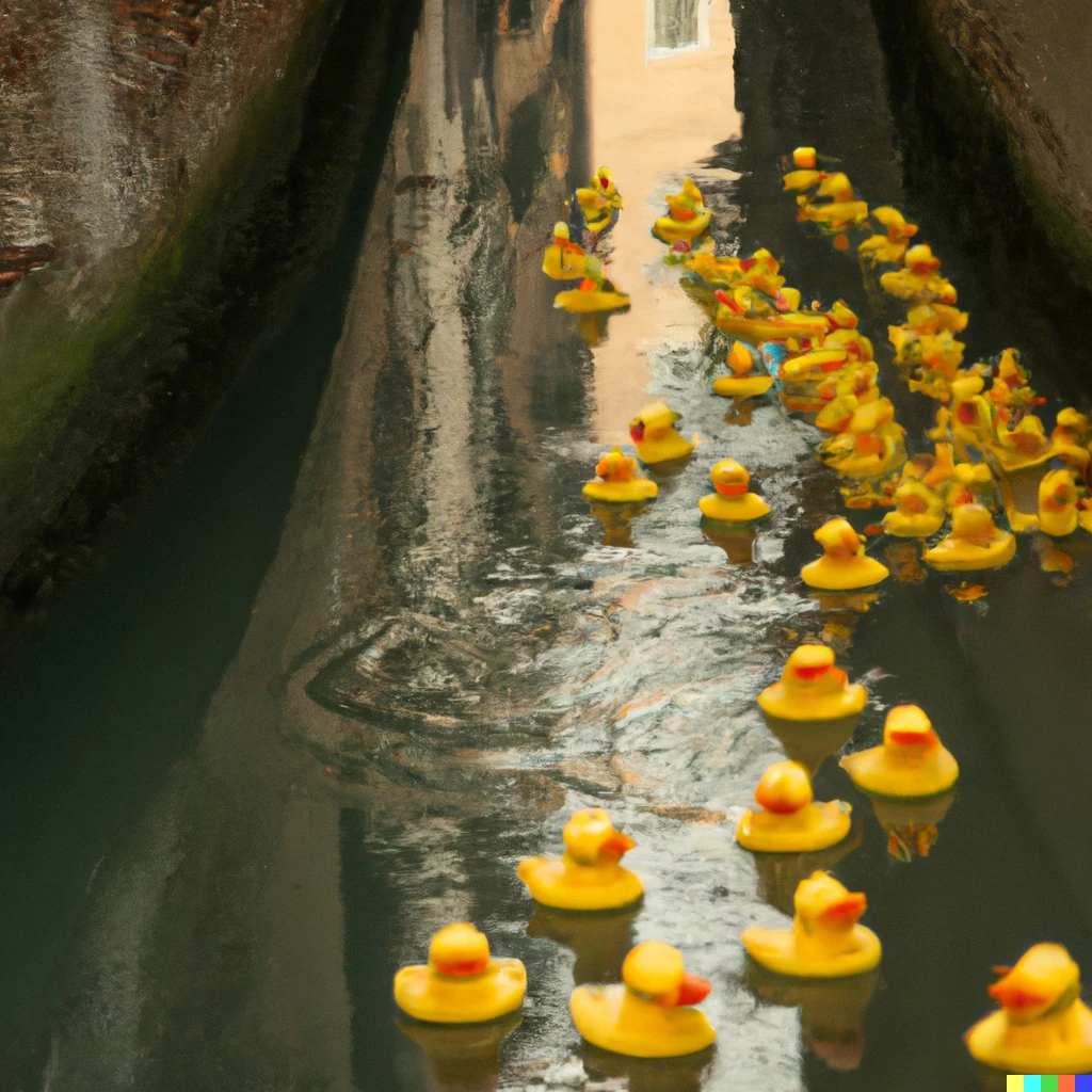 Prompt: The canals of Venice are covered with hundreds of rubber ducks.  national geographic photography