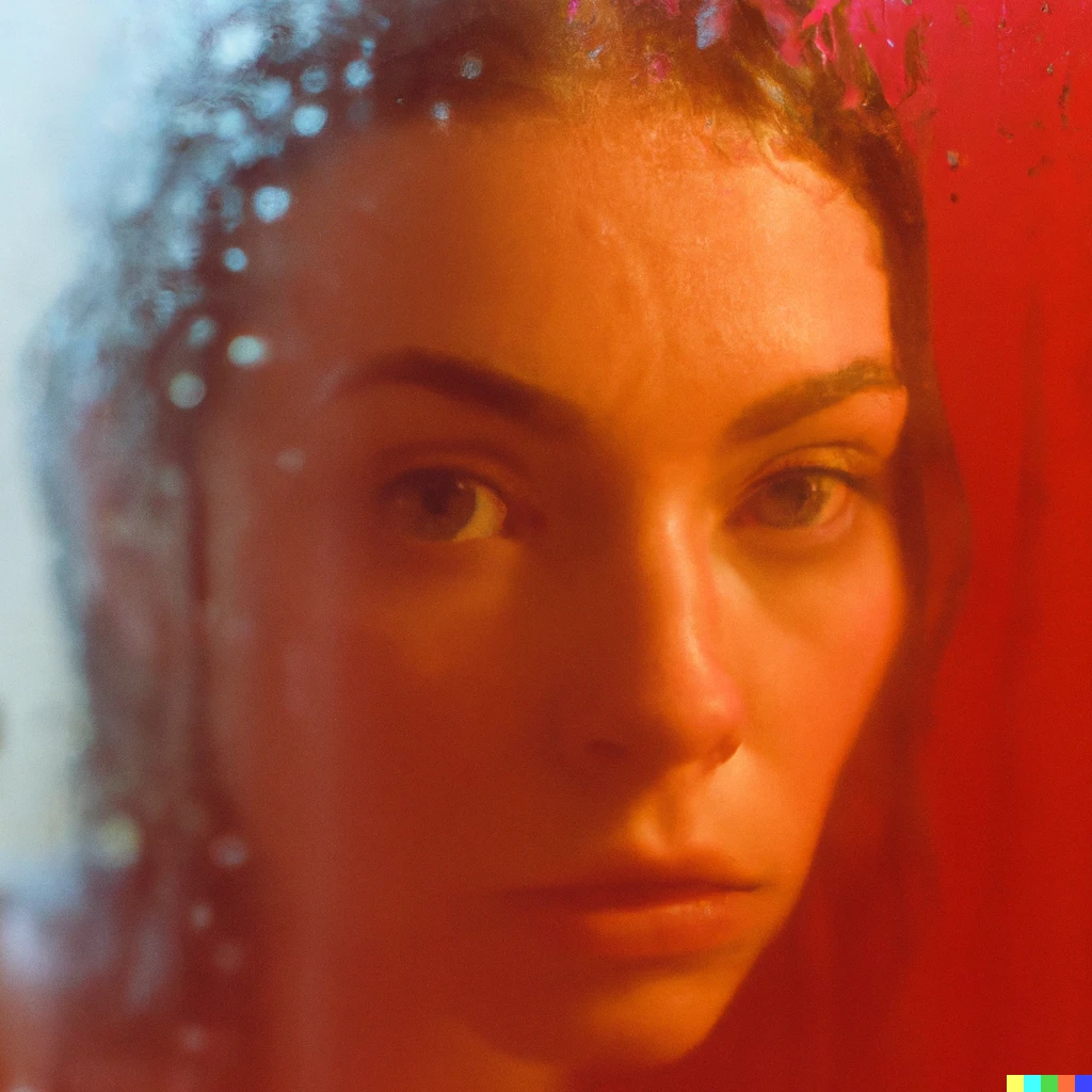 Prompt: beautiful woman with wet hair peeks out from behind semi-translucent red glass,  Cinestill 800T 