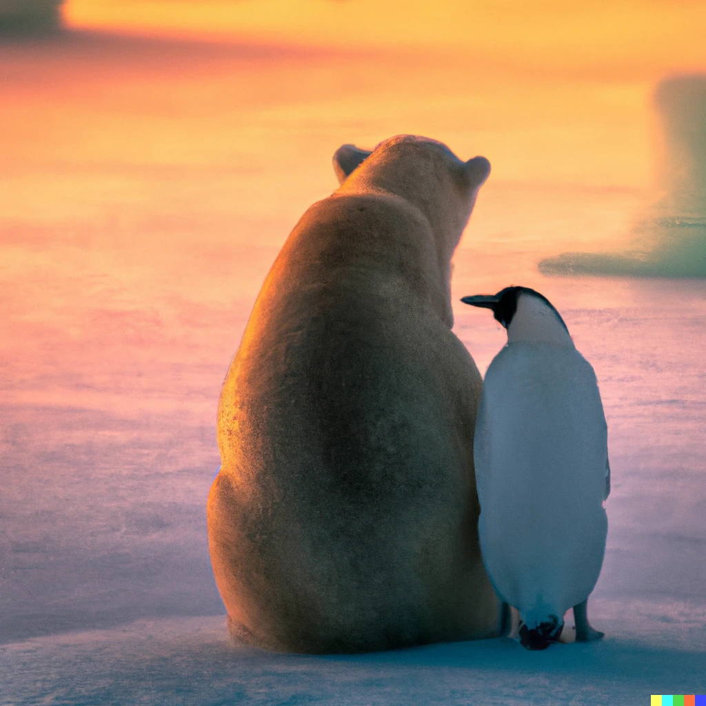 Prompt: Polar bear and penguin sitting together on a small piece of ice, photo taken from behind, golden hour