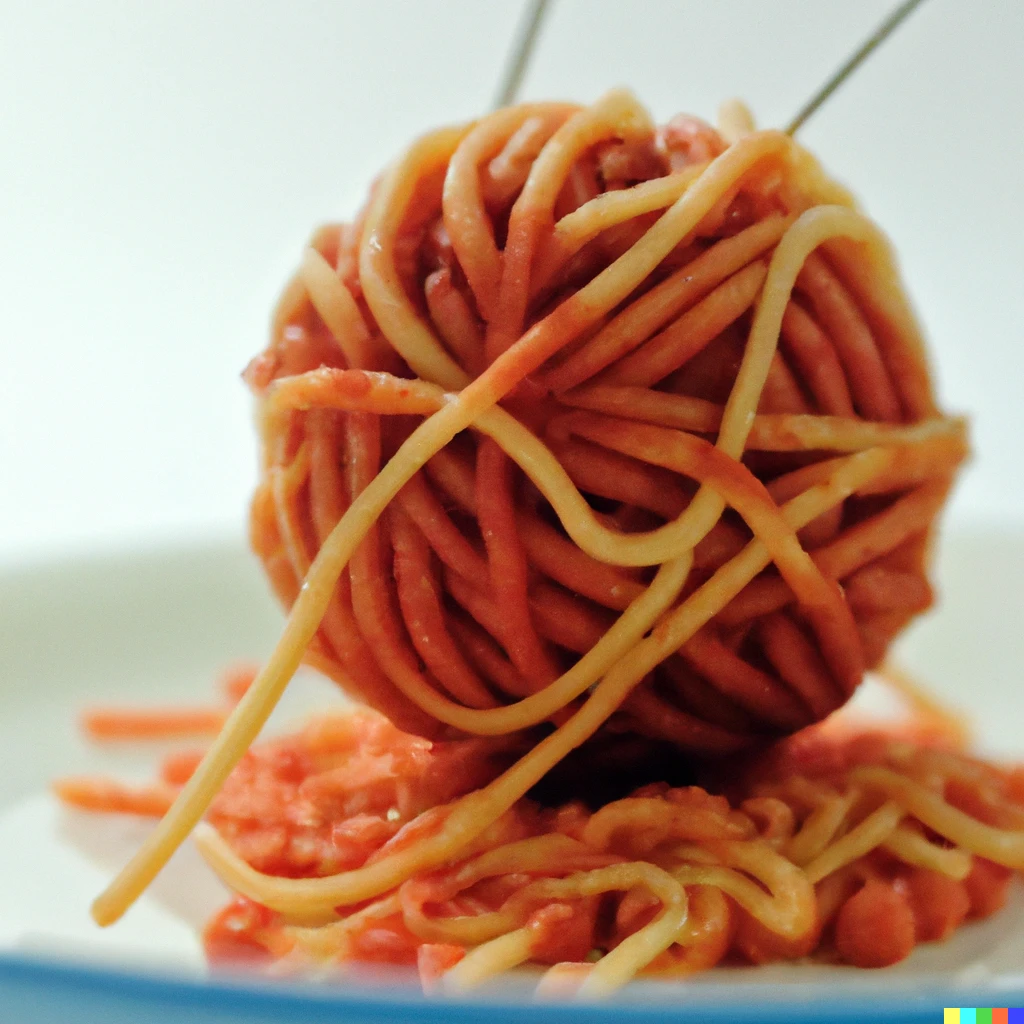 Prompt: Knitting ball made of spaghetti with tomato sauce, 35mm HD