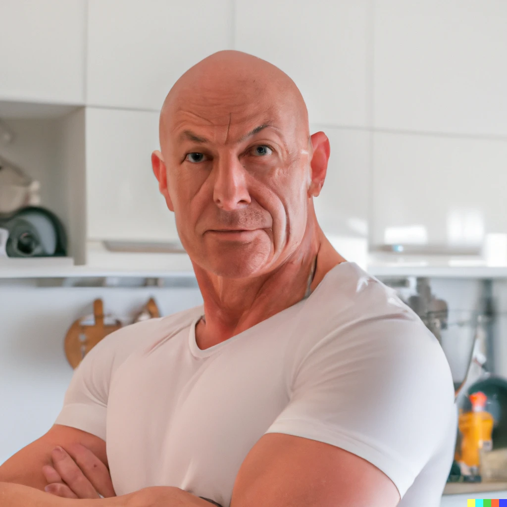 Prompt: Portrait in bright modern kitchen of a muscular bald man in his 60s, dressed in a white t-shirt with his arms crossed. Extremely detailed, award winning photo