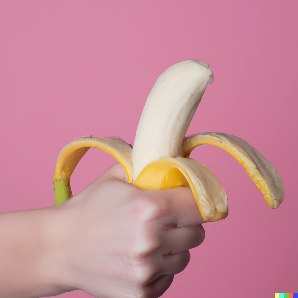 Prompt: A woman's hand squeezing a banana inside her fist, isolated on a pink background, 35mm, High detailed