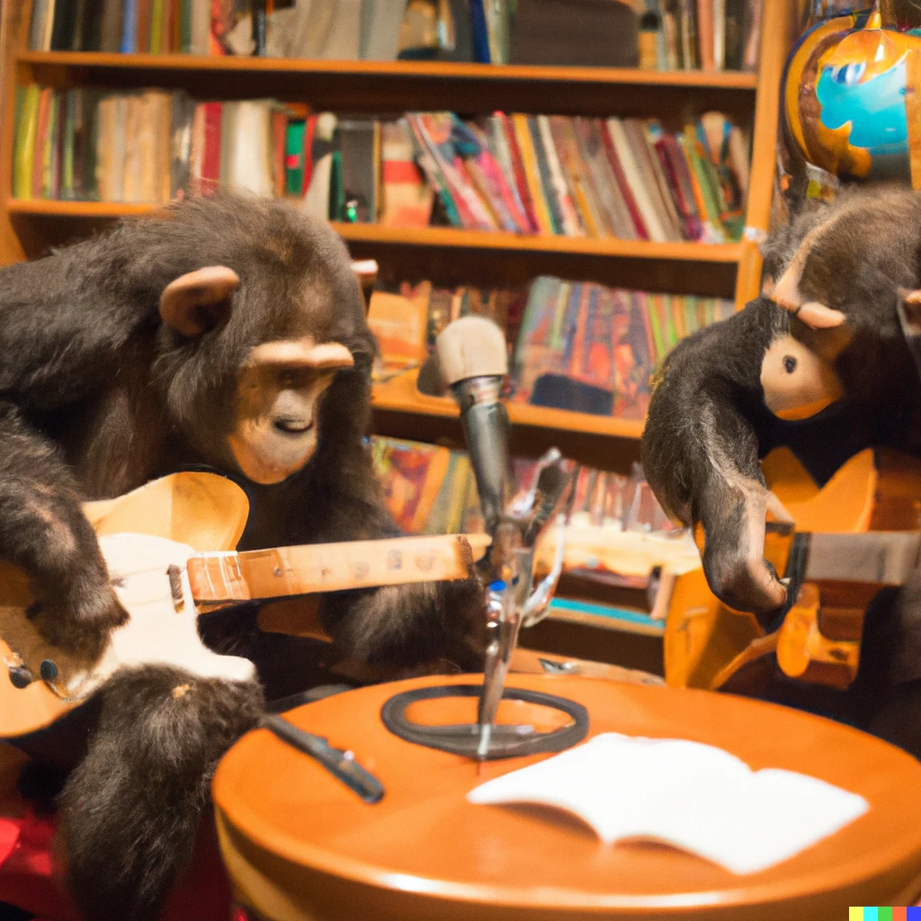Prompt: A photo of 2 chimpanzees playing guitar at the NPR Tiny Desk Concert
