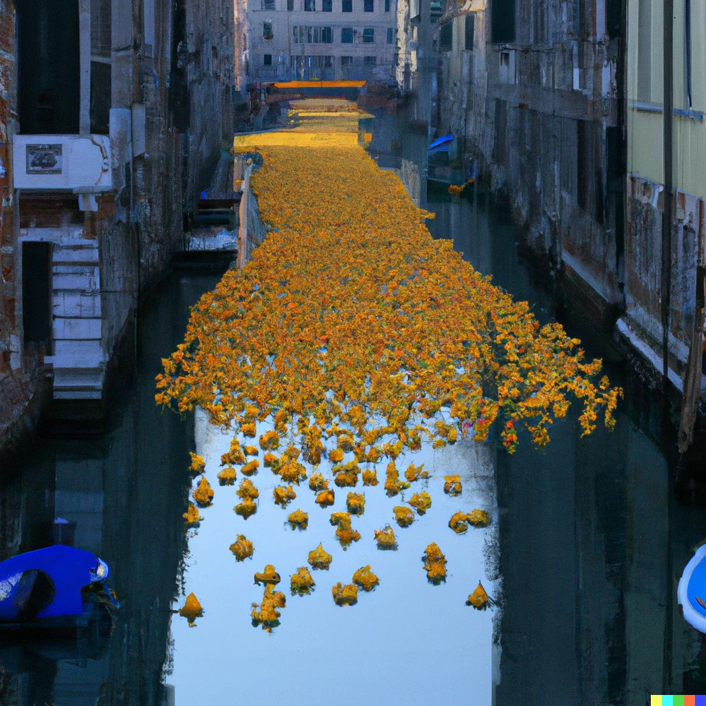 Prompt: The canals of Venice are covered with hundreds of rubber ducks.  winning photograph World Press Photo