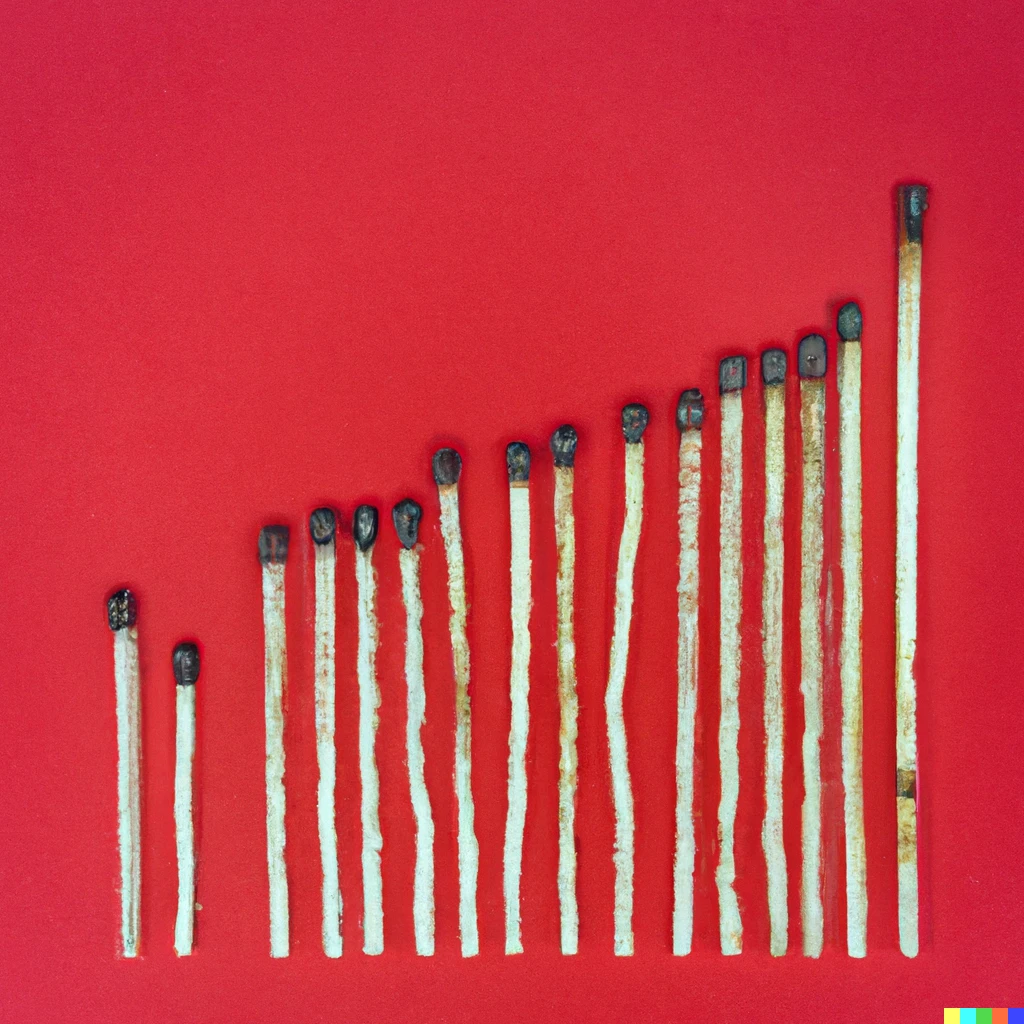 Prompt: Bar graph made from scorched matches, isolated on red background.