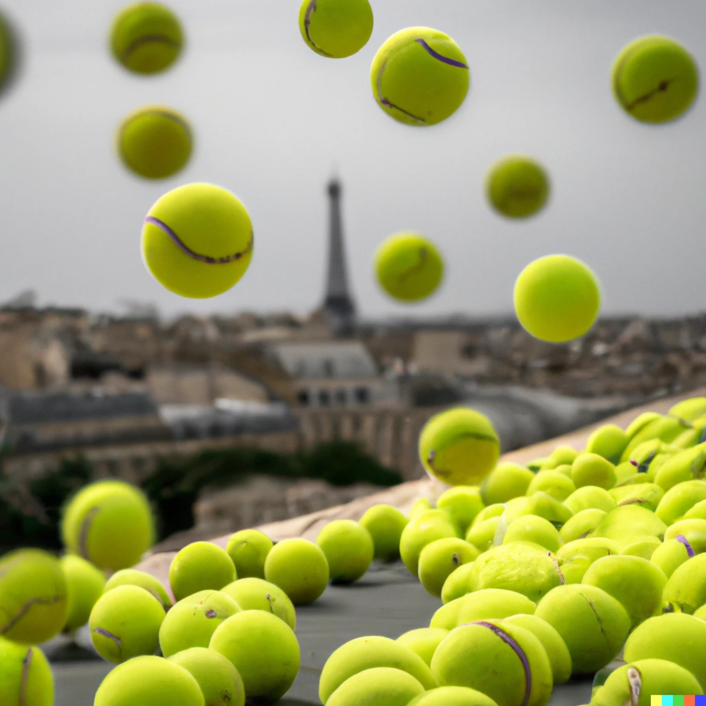 Prompt: hundreds tennis balls dropping over paris, some detailed balls on foreground, award winning photo, top view