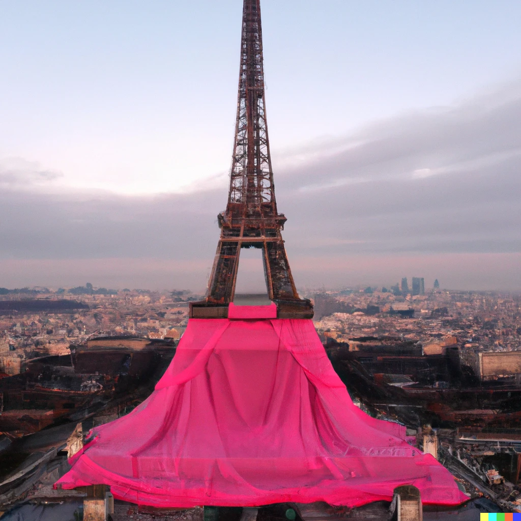 Prompt: Eiffel Tower fully covered by pink fabric, dron view