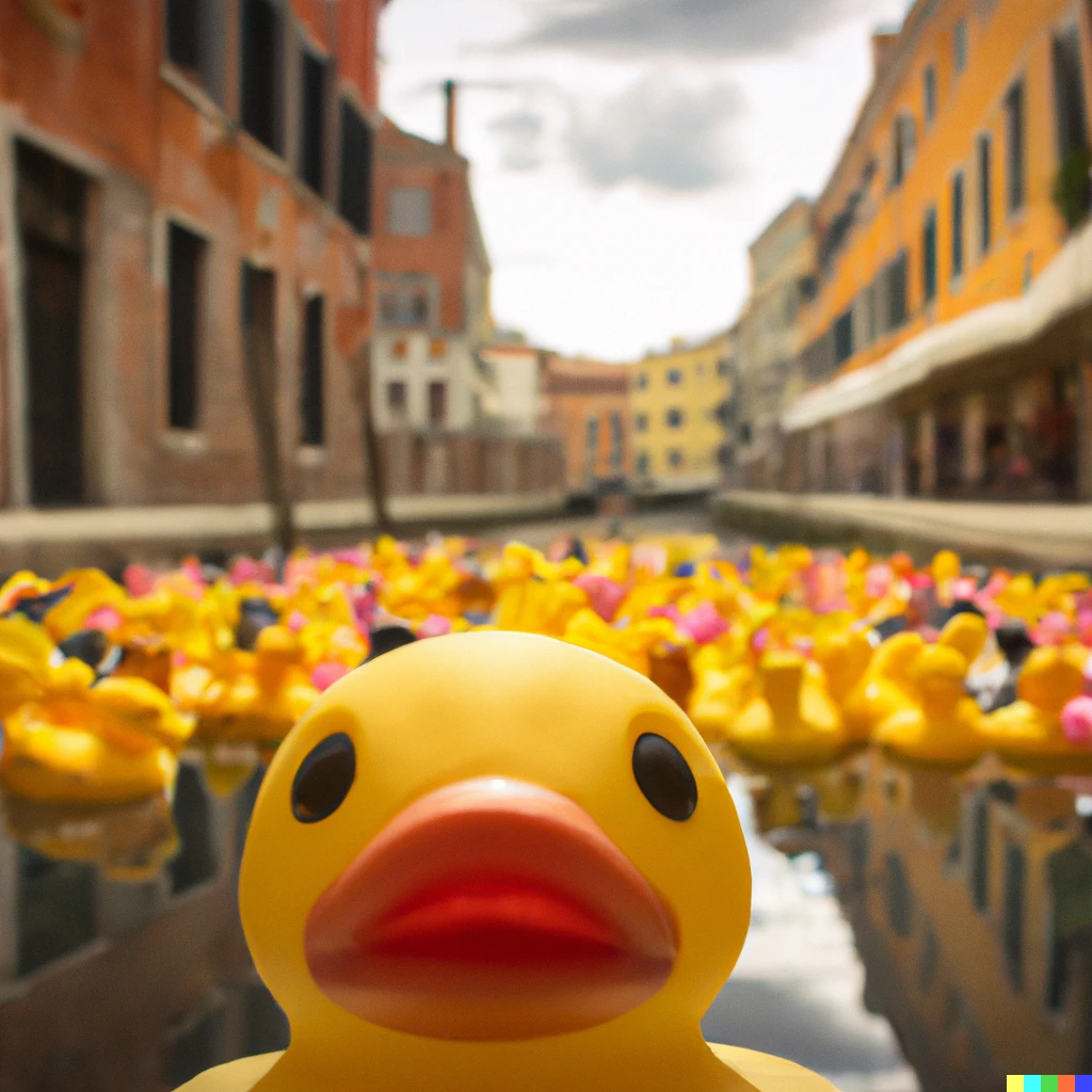 Prompt: Ant's eye view of rubber duck, behind him we see a Venetian canal full of rubber ducks, National Geographic photo