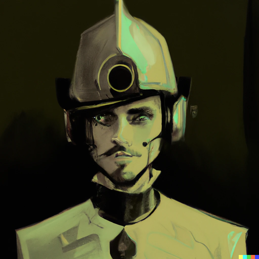 Prompt: A painting of a man with a helmet in a technologic suit in neovictorian cyberpunk style. | 144