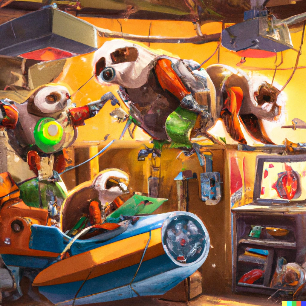 Prompt: Four Flying superhero sloths making robots in a lab, digital art