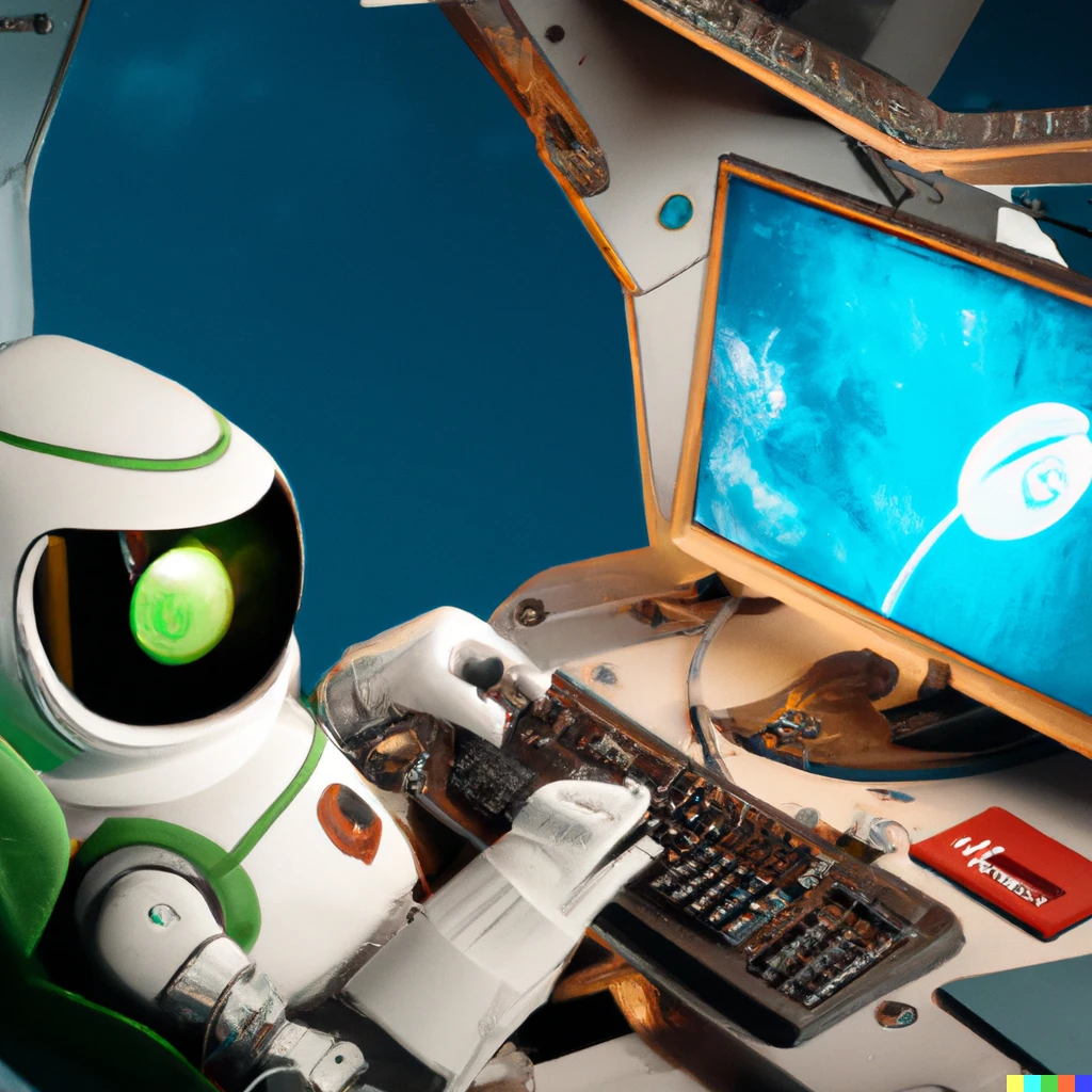 Prompt: Robot playing PC games in international space station